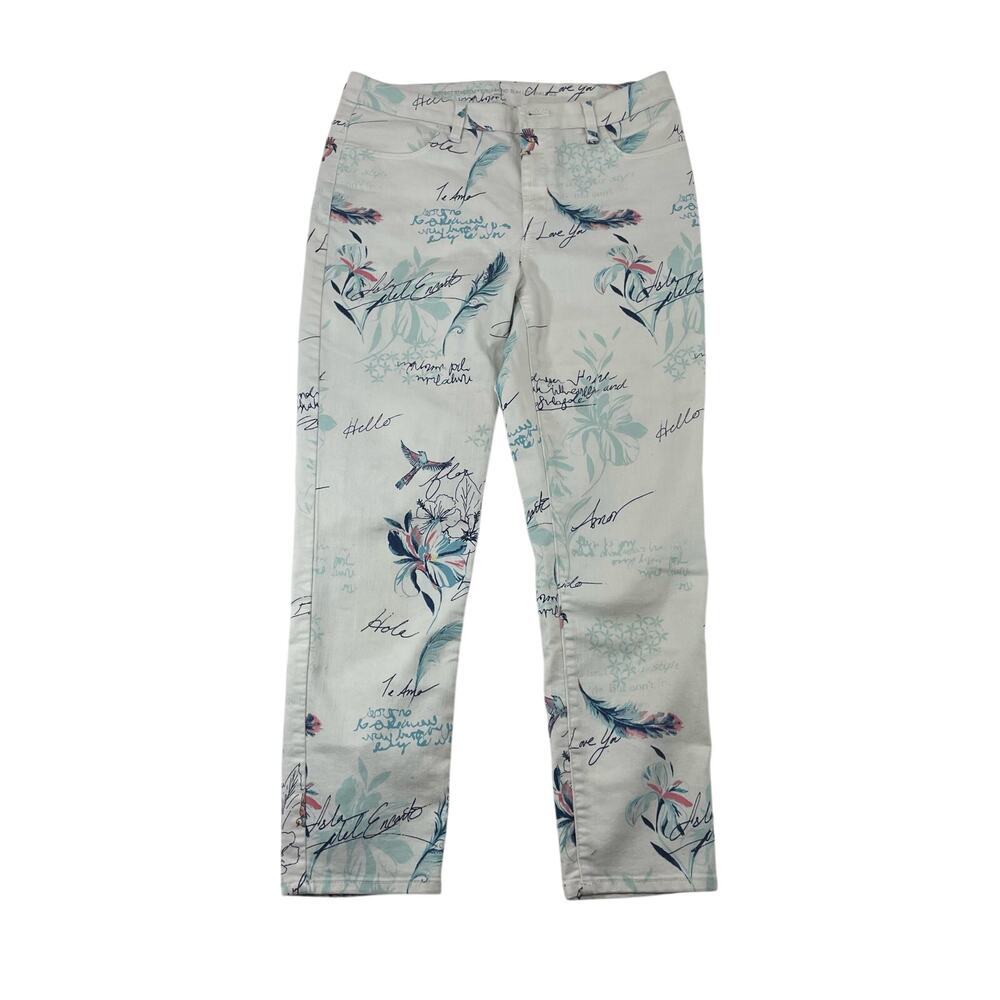 Chico's Stretch Slimming Floral Script Words Ankle Jeans White 0.5 US 4/6 Women